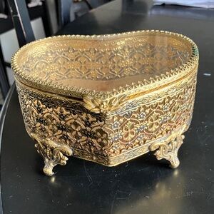 Vintage Ornate Gold Filigree Heart Trinket Jewelry Box